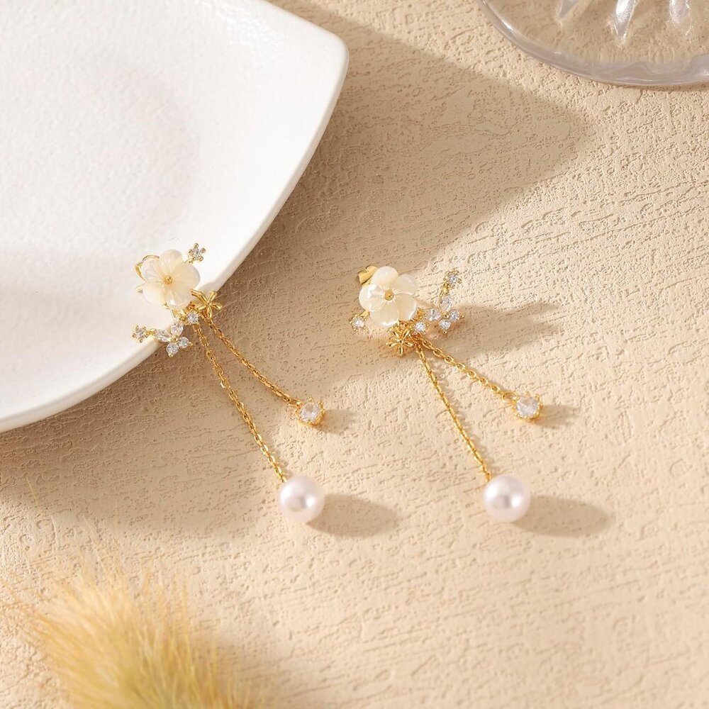Pearl Drop Earrings Women Dangle Chain CZ Gold Statement Jewelry - Picture 3 of 6